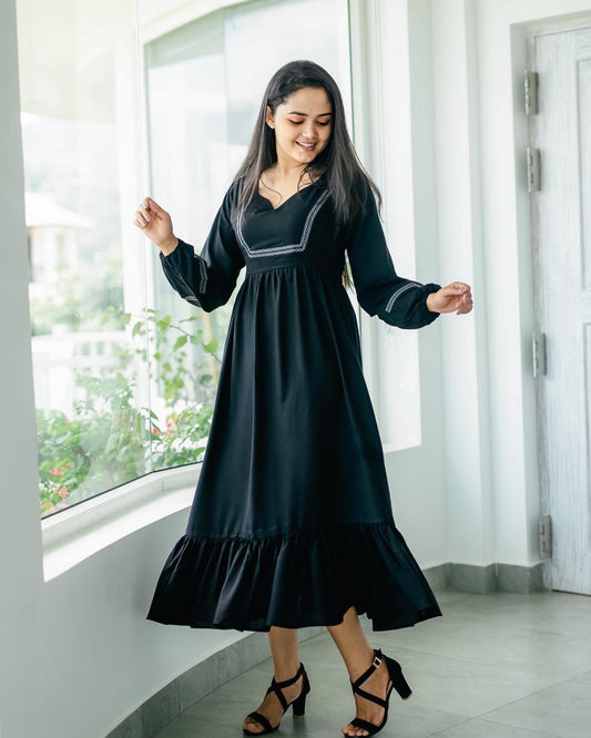 Embroidered black long dress