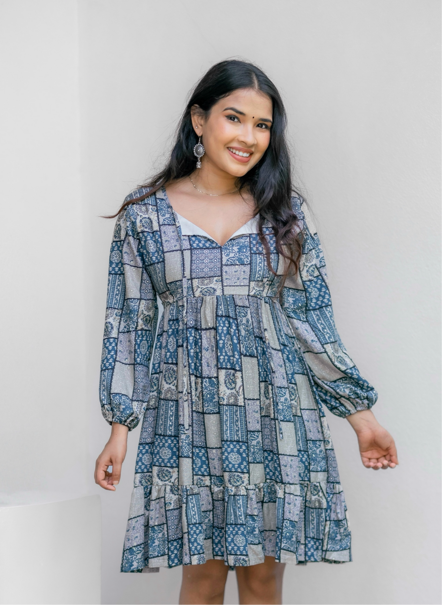 Printed blue tiered dress