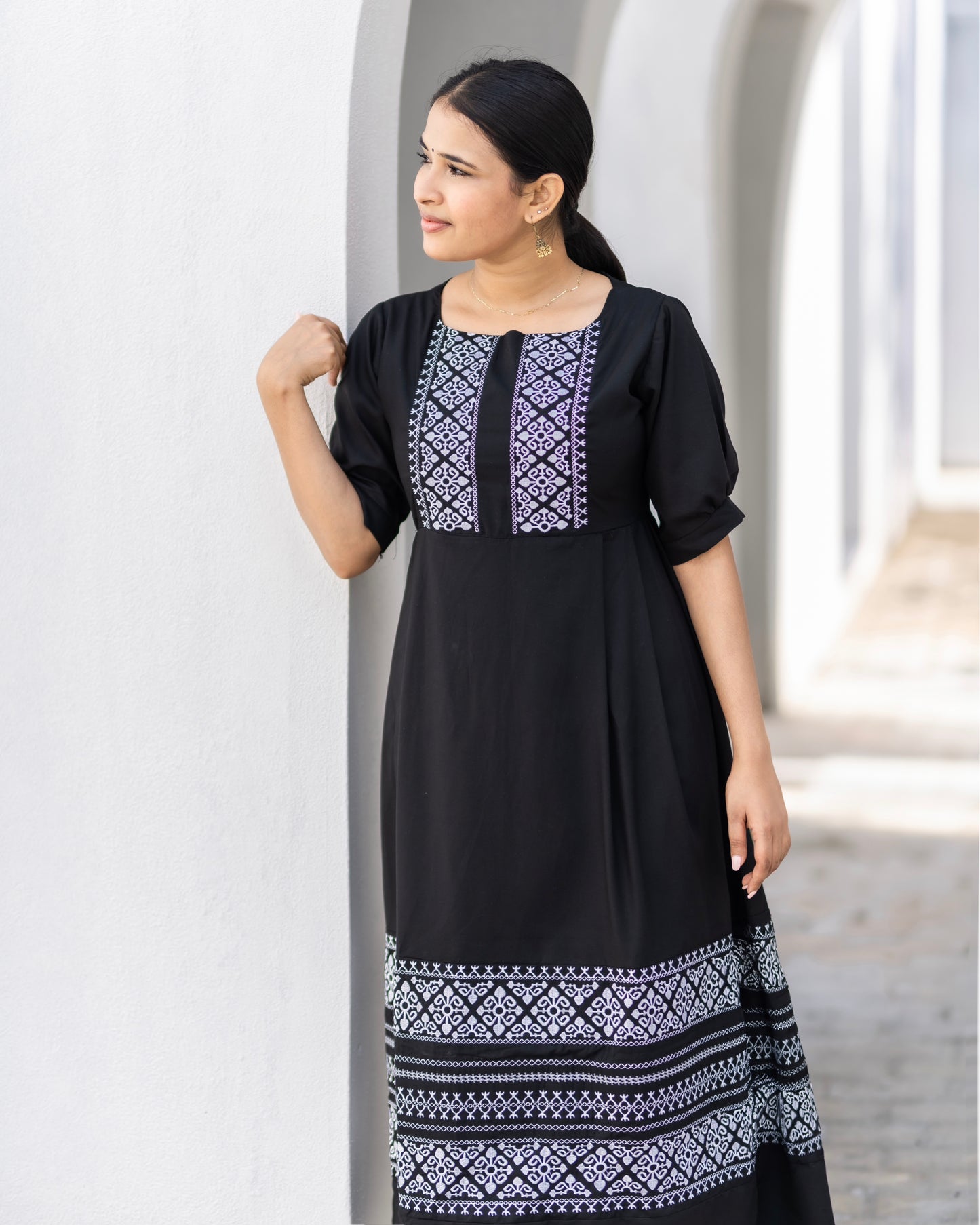 Embroidered black long dress