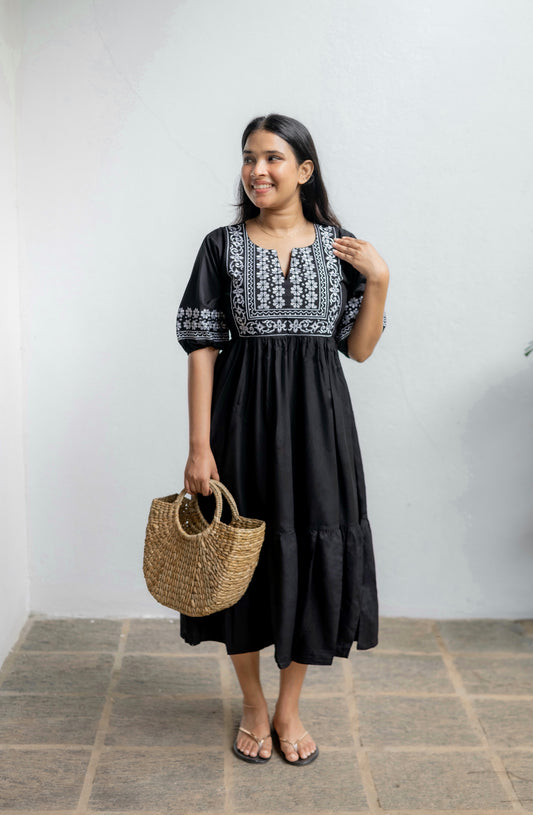 Black embroidered midi dress