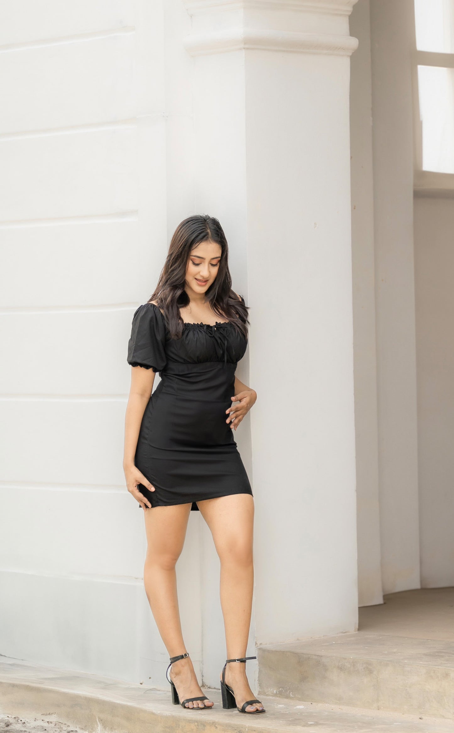 Bustier detailed black mini dress