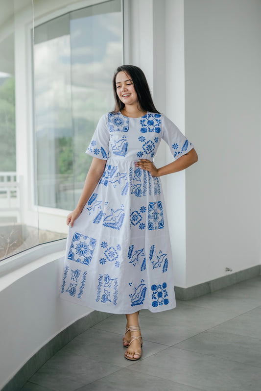 Blue embroidered long dress