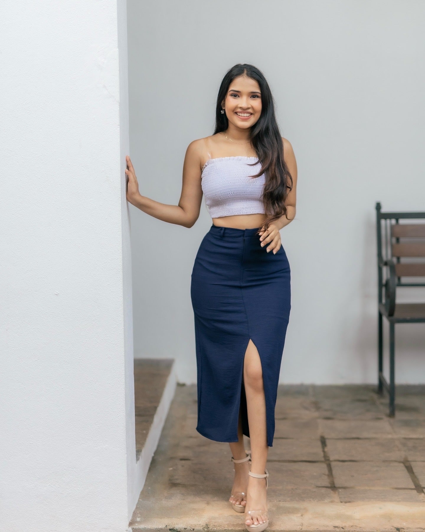 Blue front slit skirt