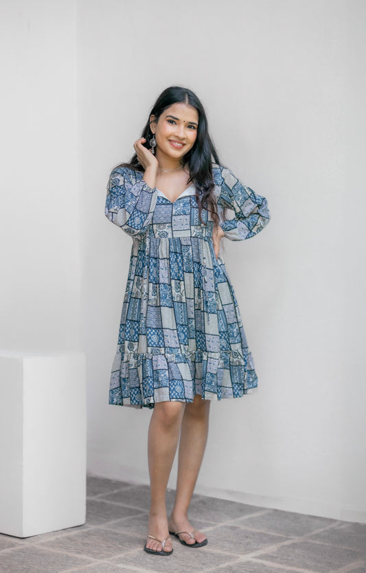 Printed blue tiered dress