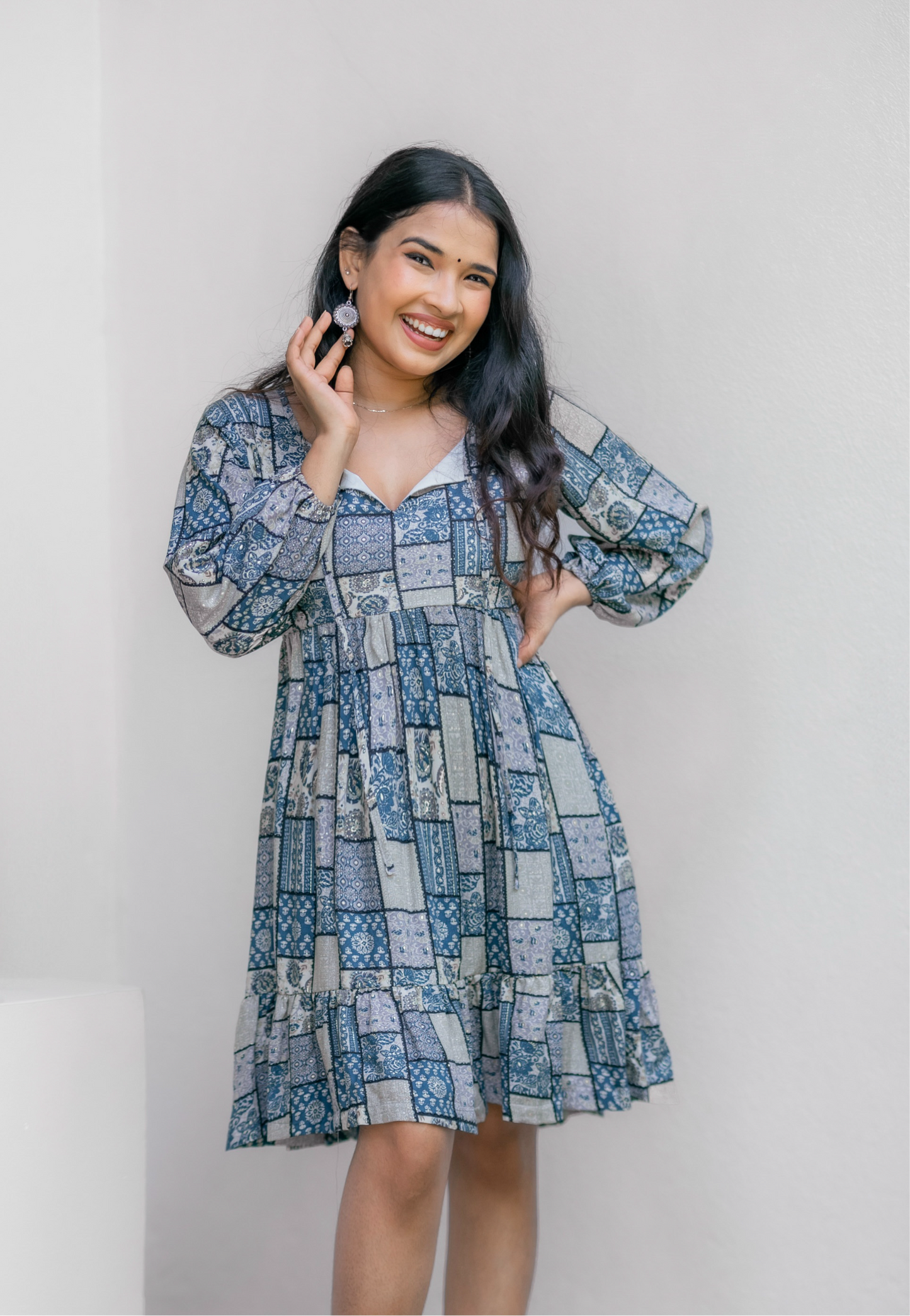 Printed blue tiered dress