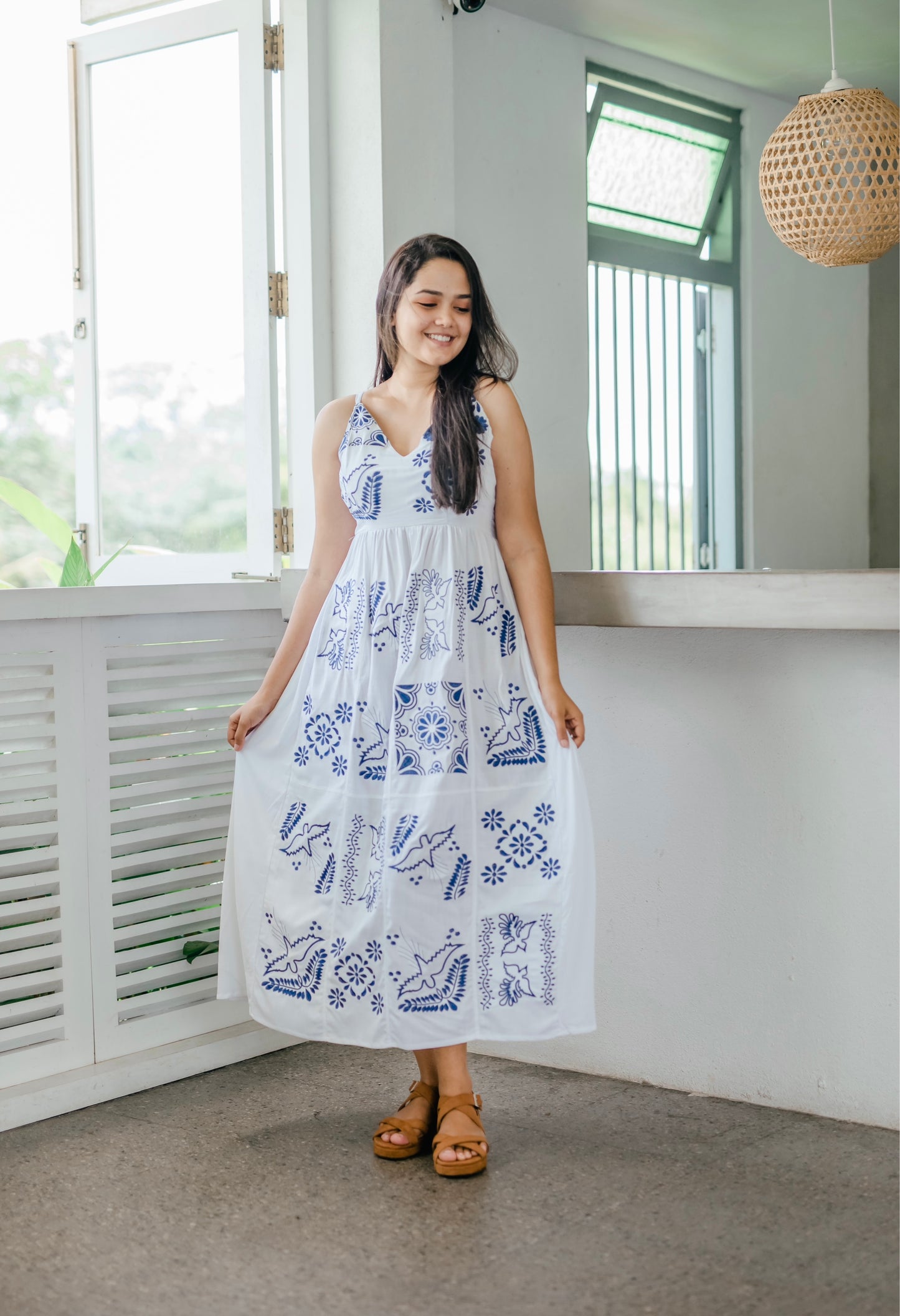 Blue embroidered long dress