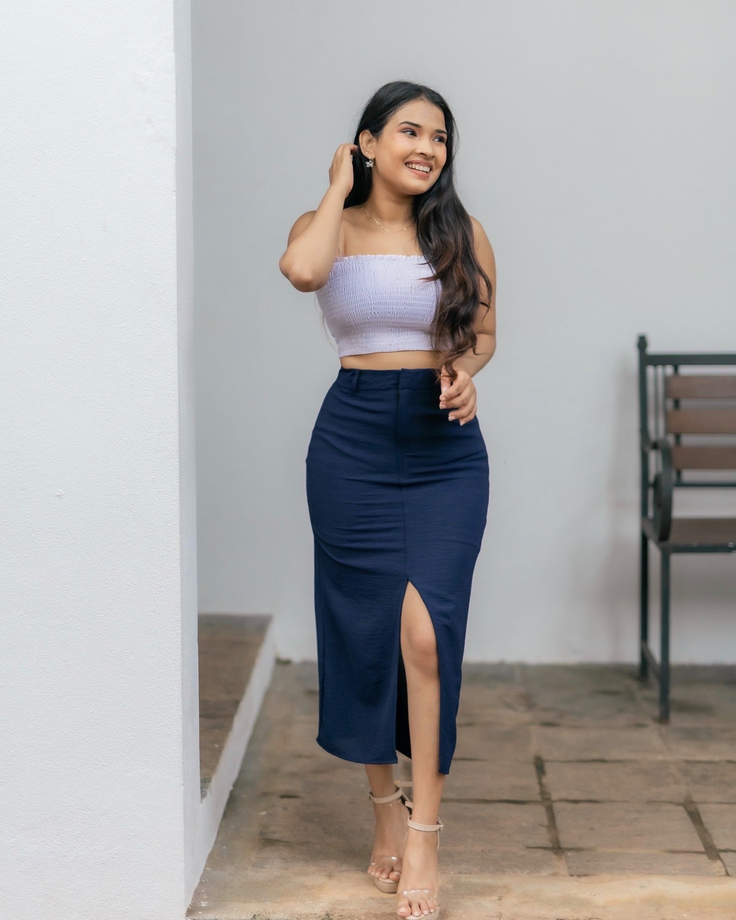 Blue front slit skirt