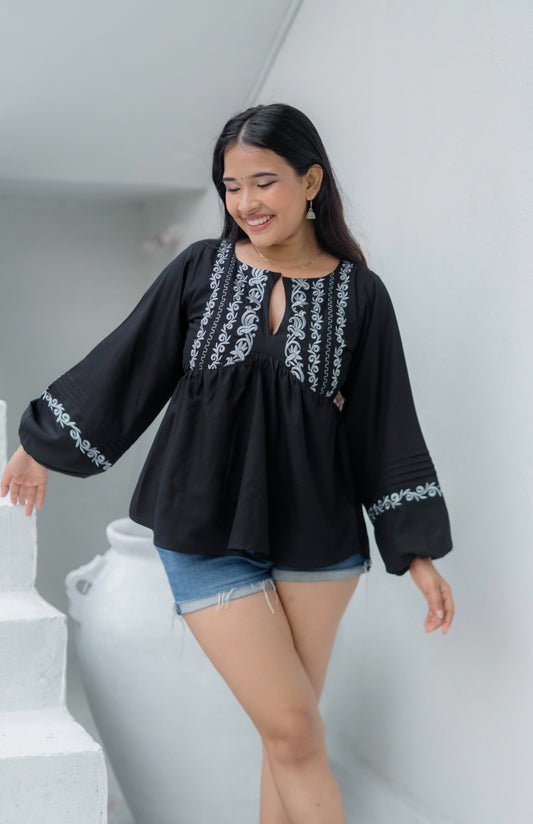 Black embroidered balloon sleeved top