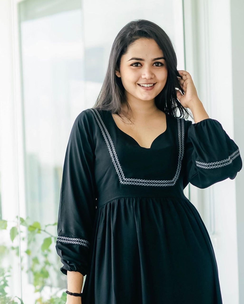 Embroidered black long dress