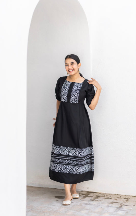 Embroidered black long dress