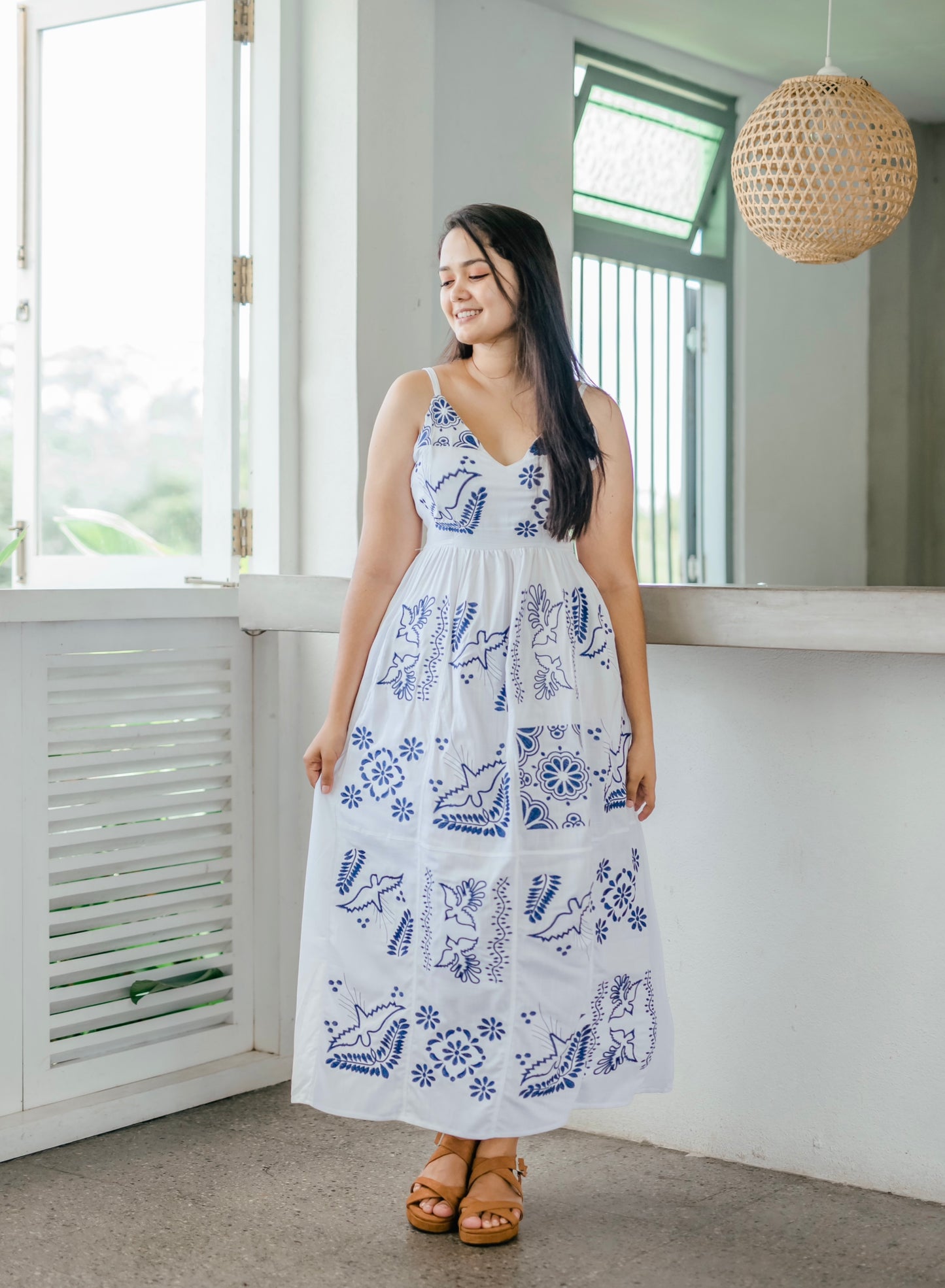 Blue embroidered long dress