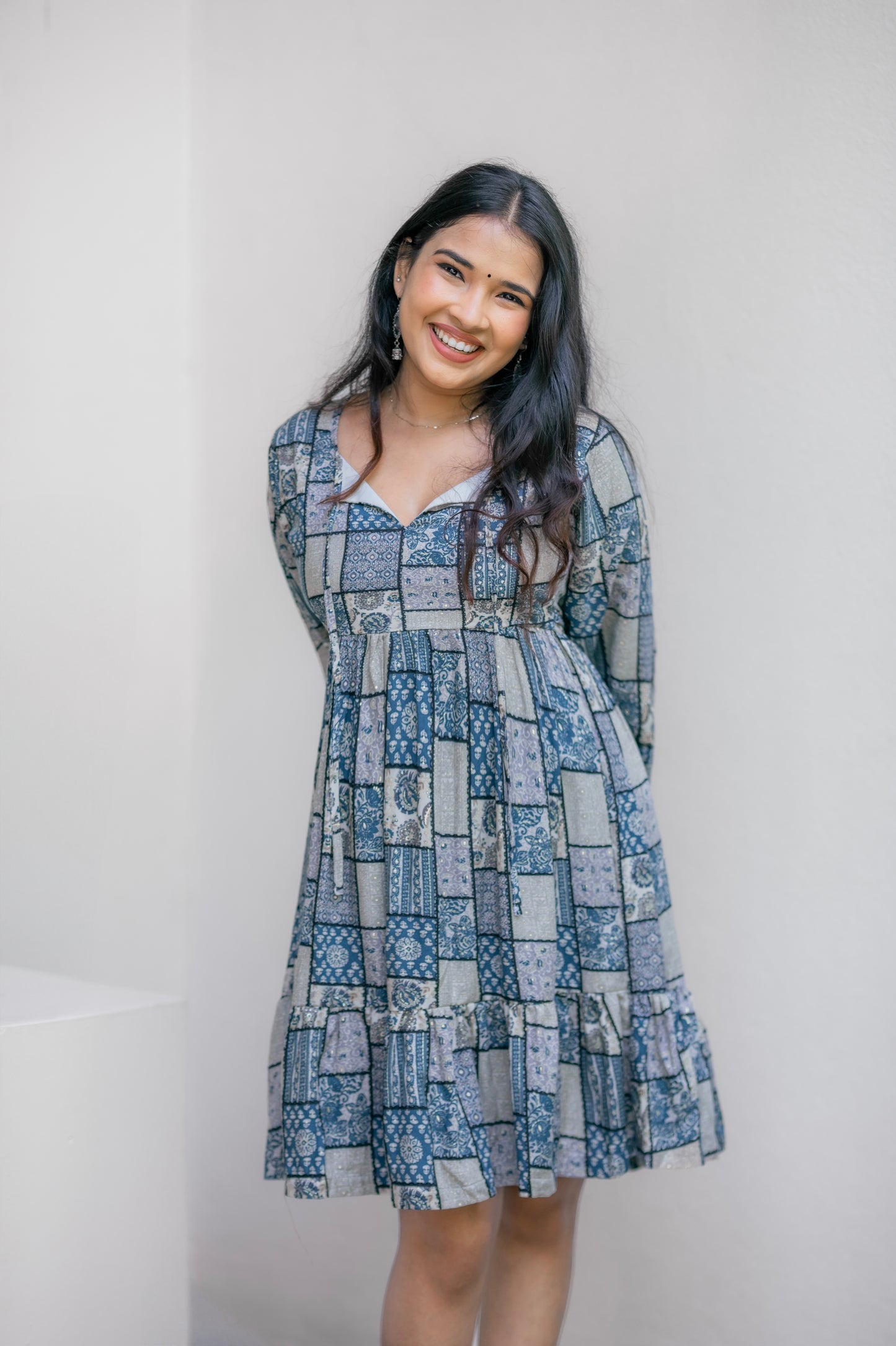 Printed blue tiered dress