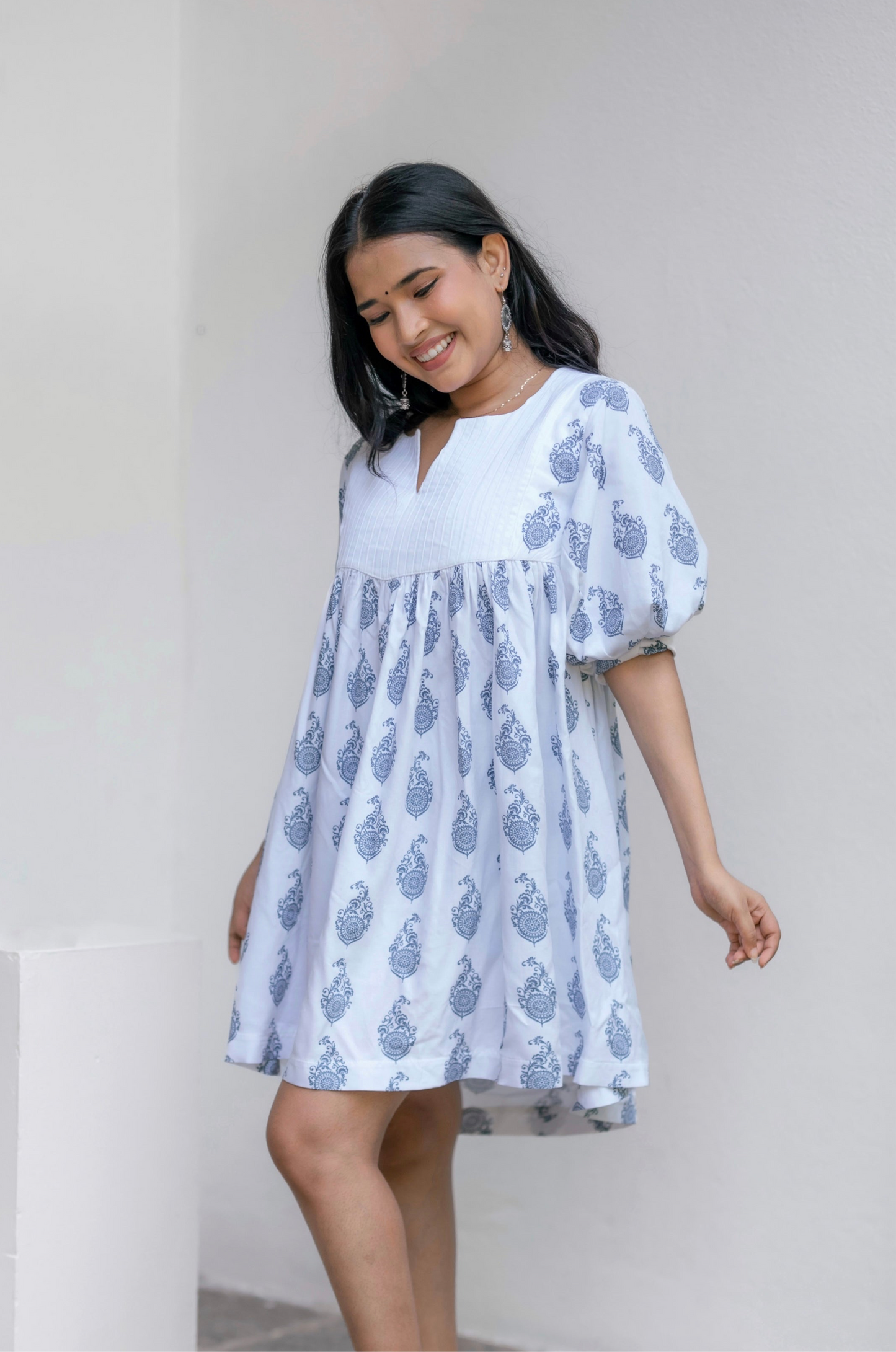 Blue printed tiered dress