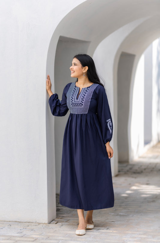 Blue embroidered long dress