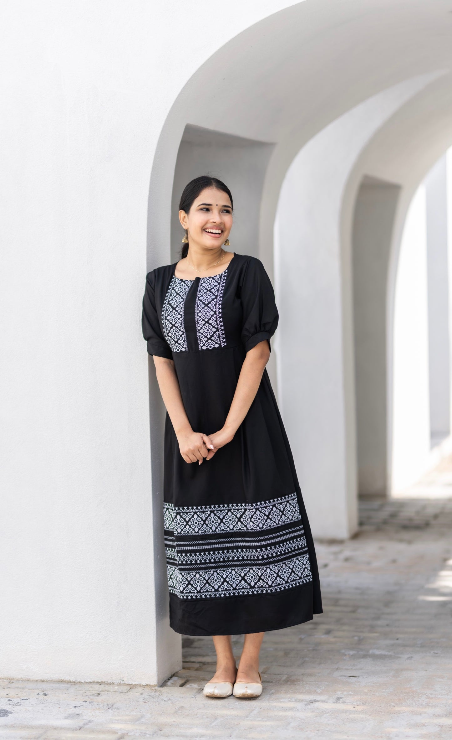 Embroidered black long dress