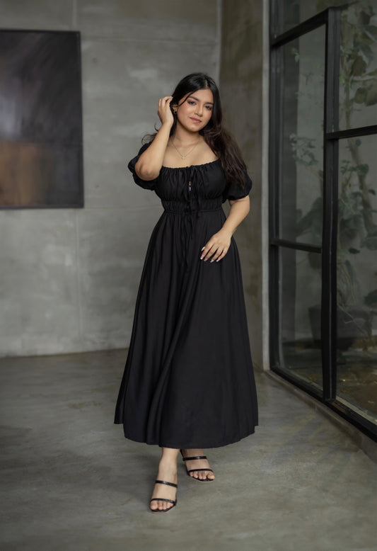 Black ruched front tie maxi dress