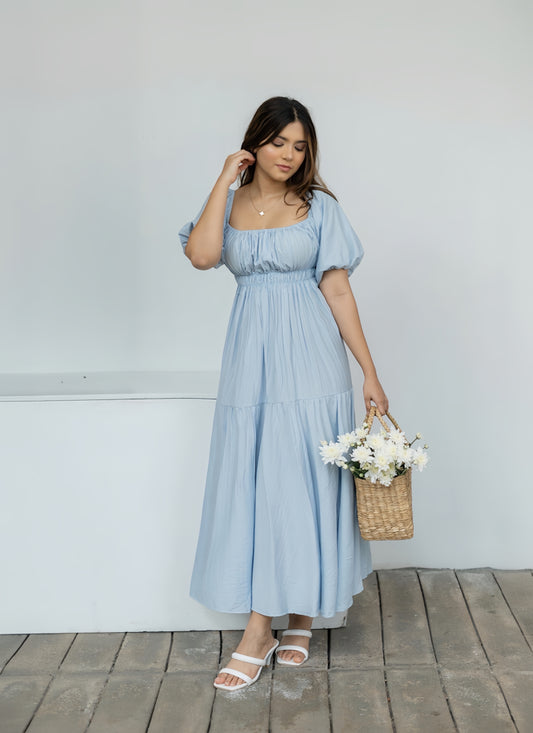 Blue ruched maxi dress