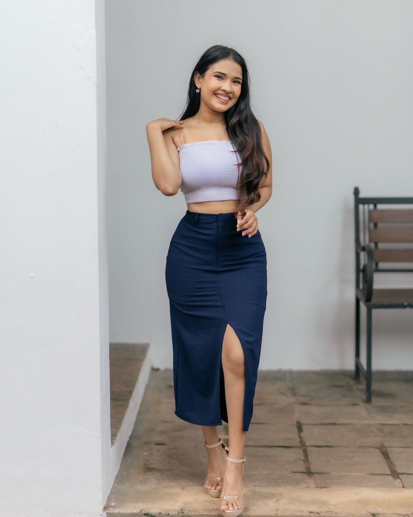 Blue front slit skirt