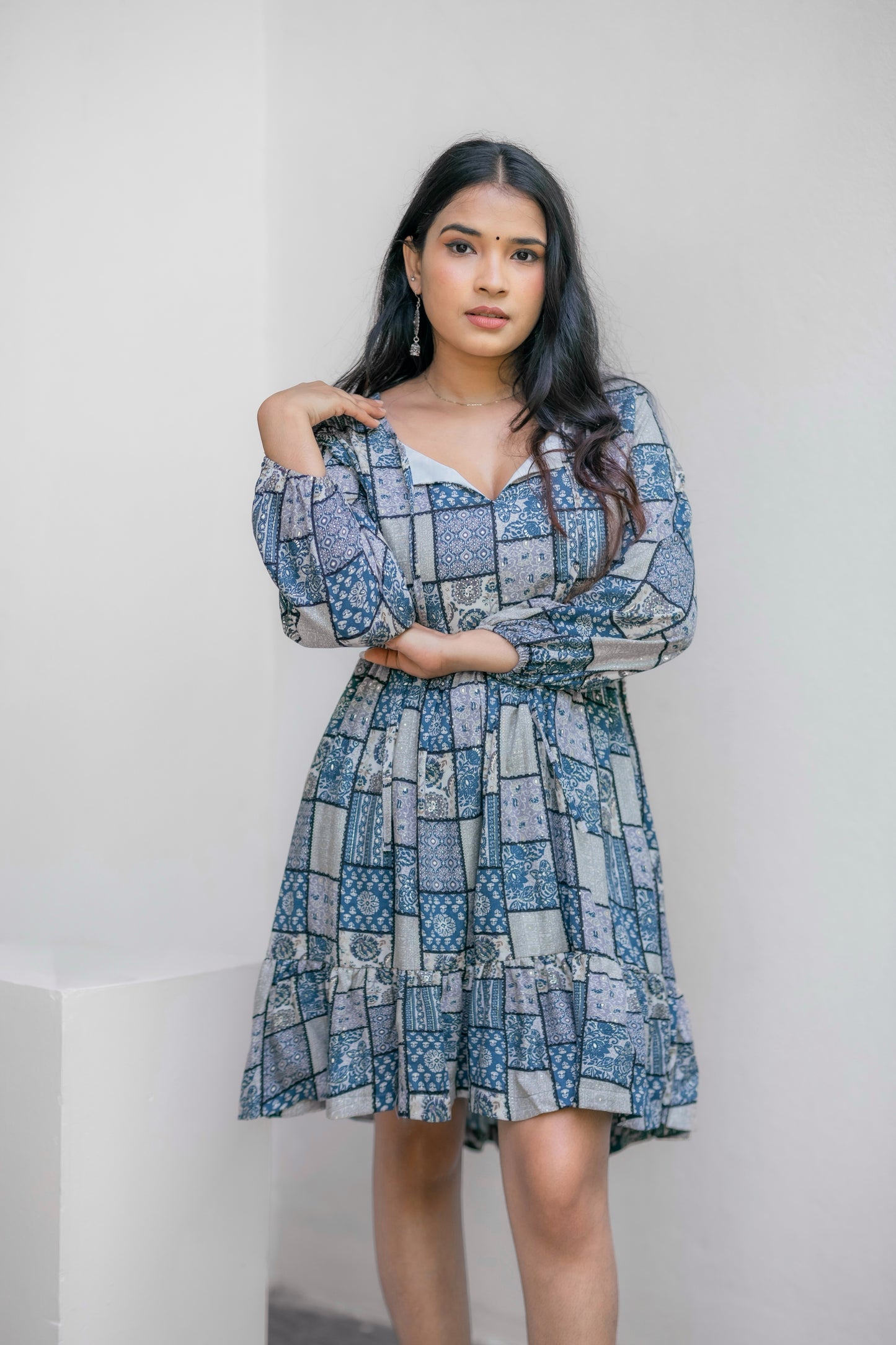 Printed blue tiered dress