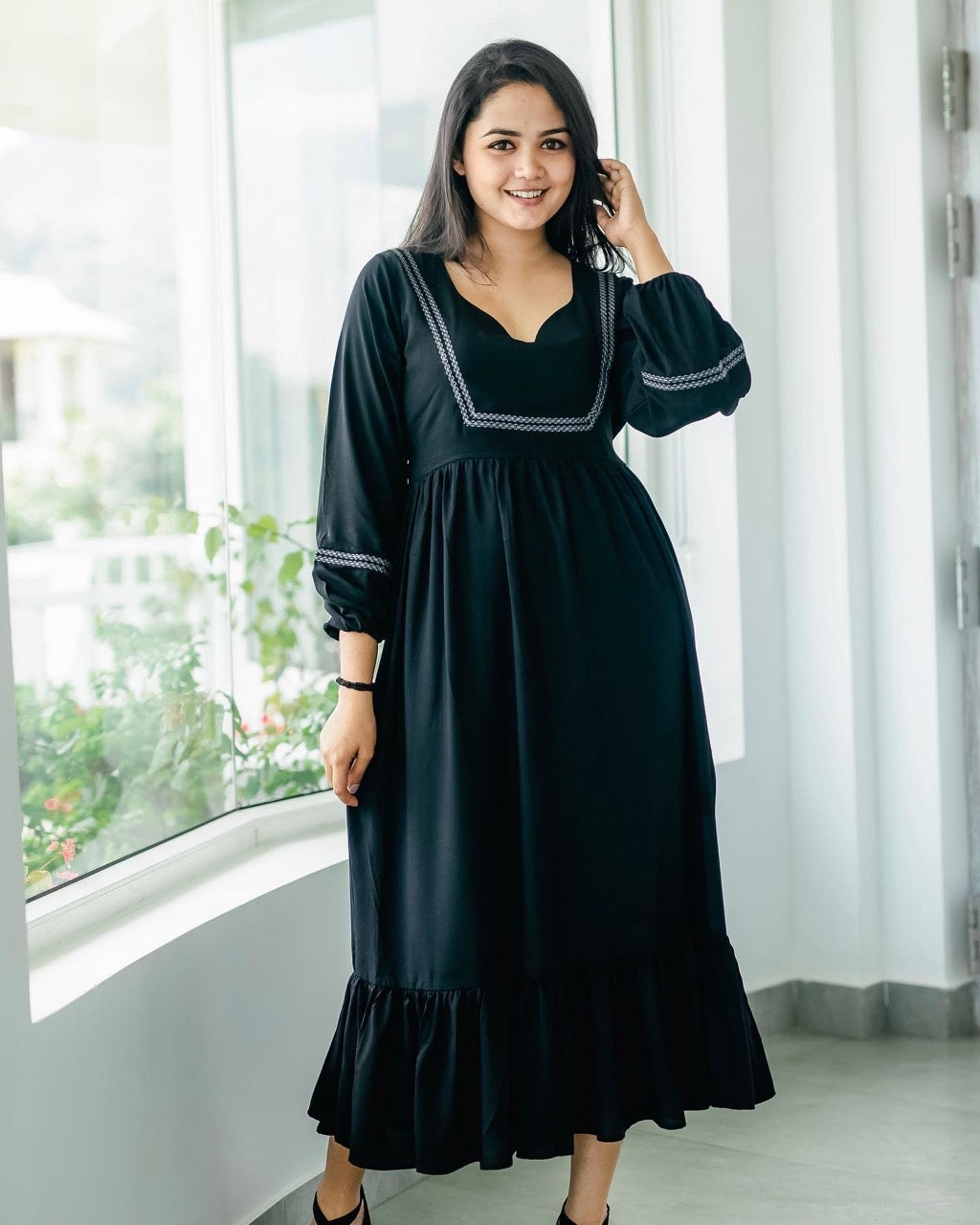 Embroidered black long dress