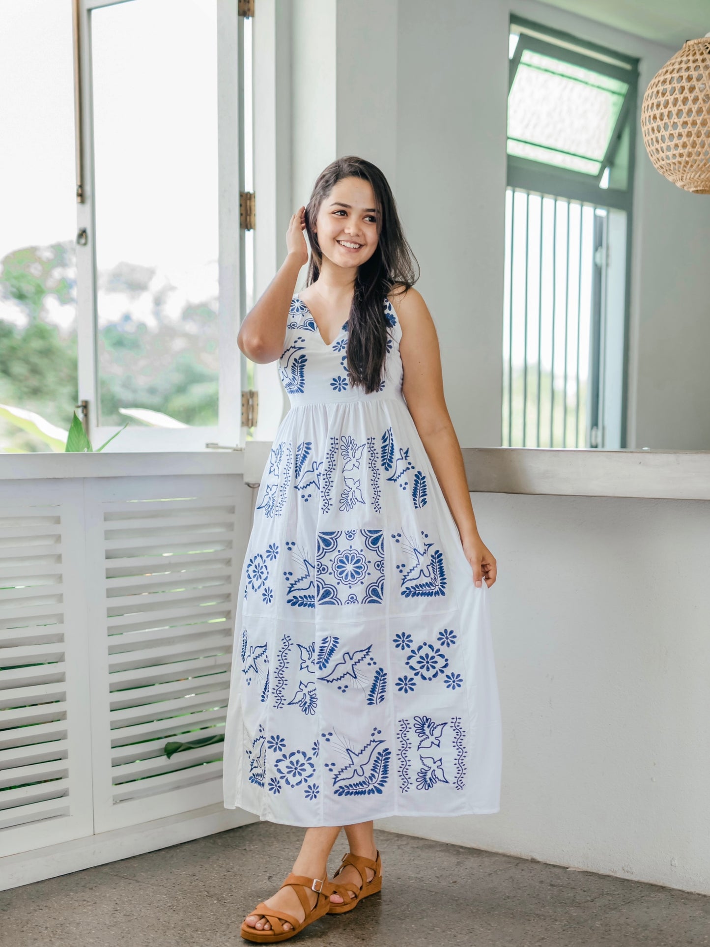 Blue embroidered long dress