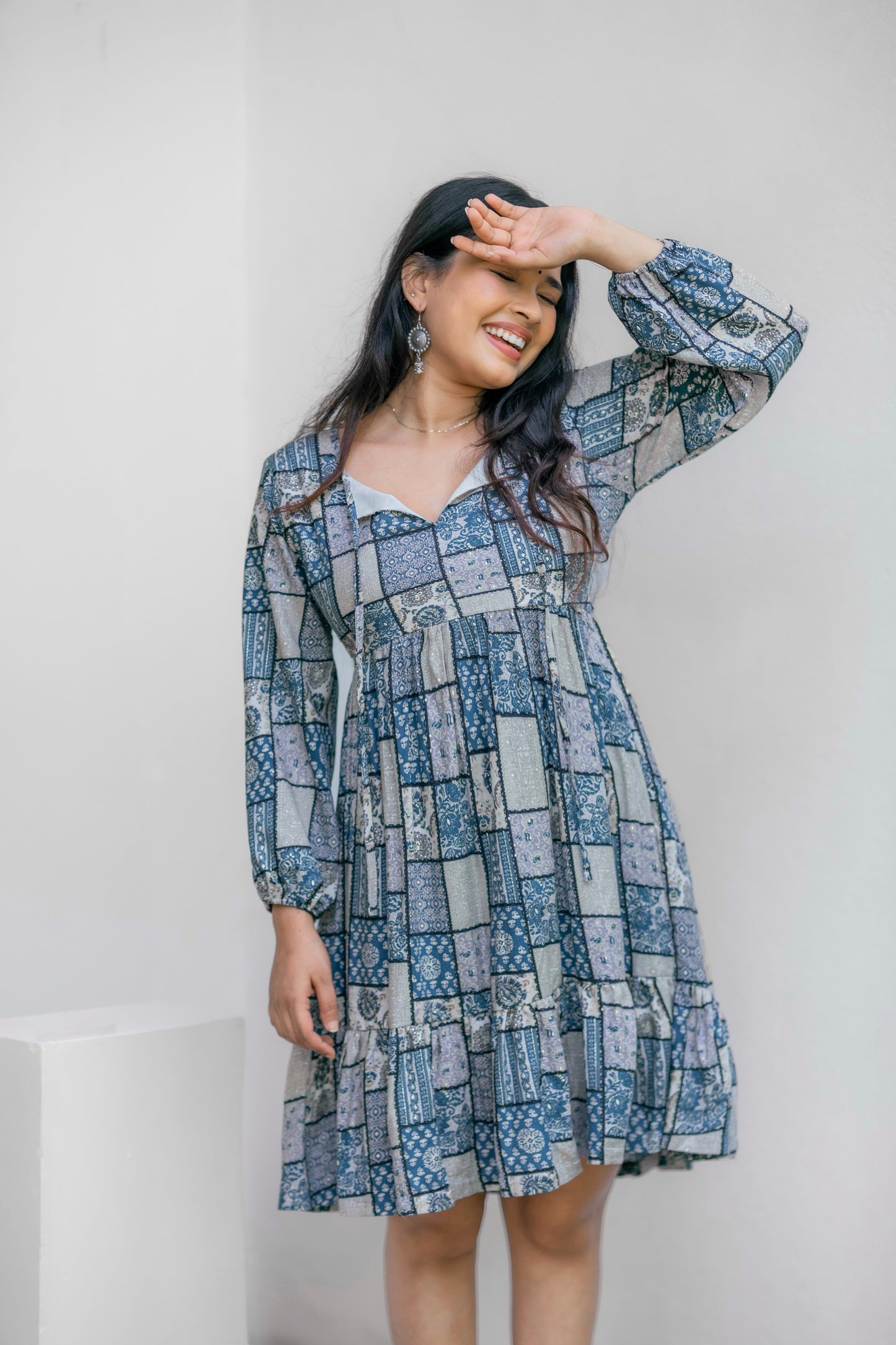 Printed blue tiered dress